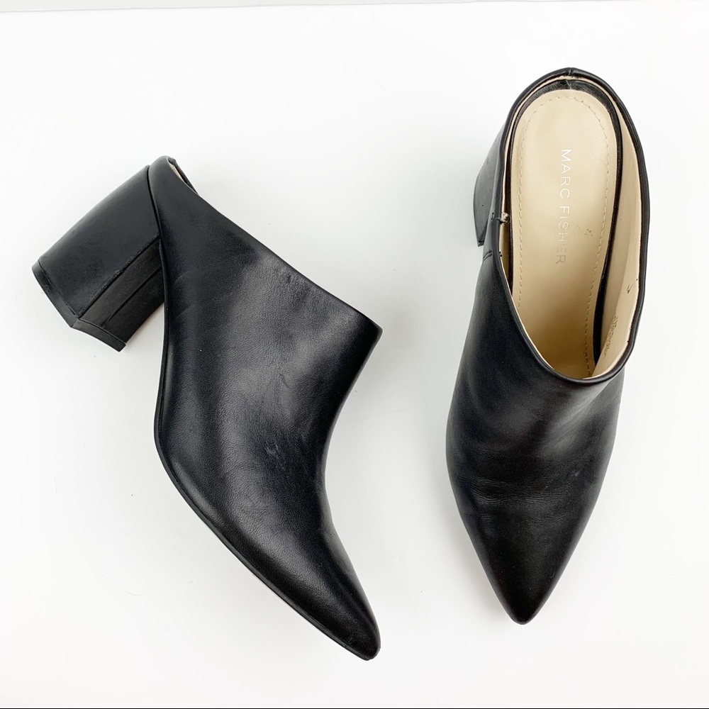 MARC FISHER Black Fragni Pointed Toe Mules Chunky Heel SIZE 7.5